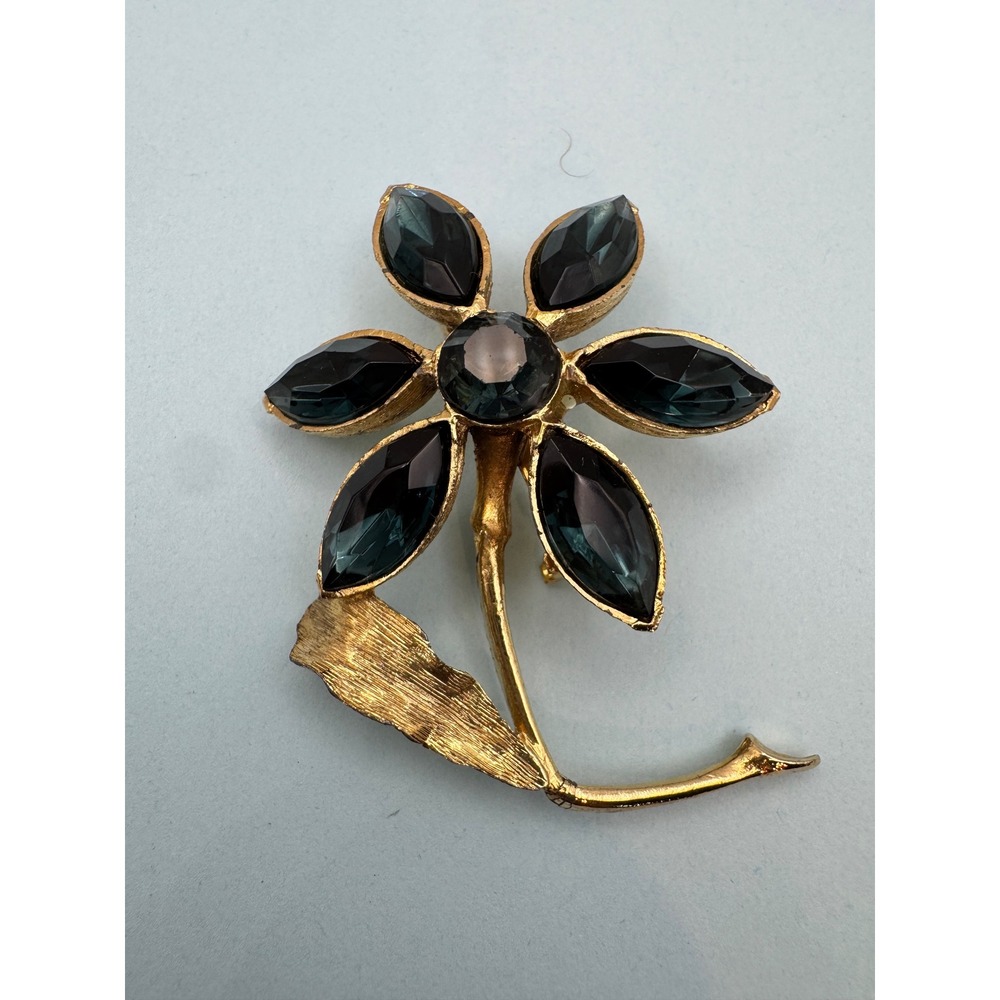Vintage Gold Tone Flower Brooch Teal Blue Rhinestone Floral Pin Textured Leaf
